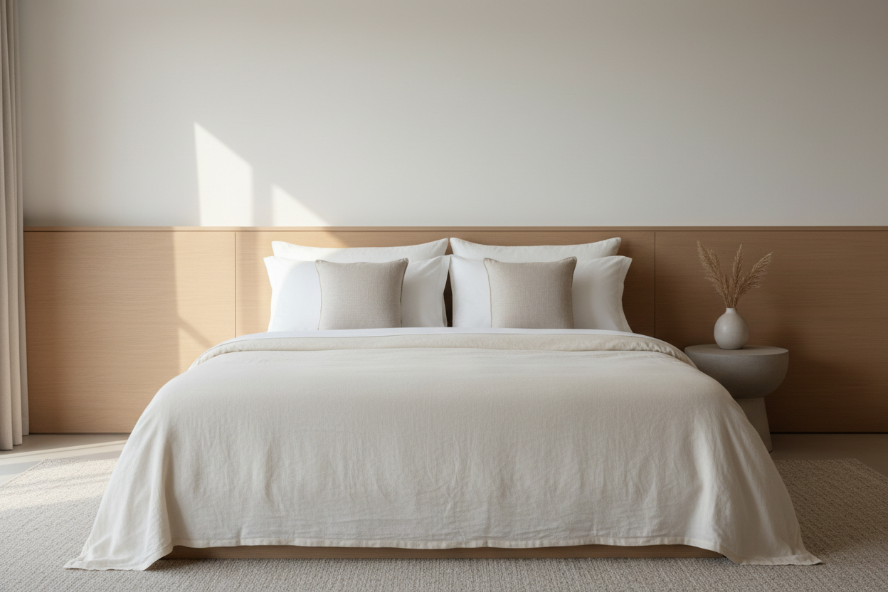 Luxury white linen sheet set on minimalist bed